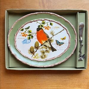 Mud Pie Nesting Oval Serving Dish with Silver Spreader Robin Bird Theme New